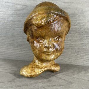 Vtg Alt Weisskopf Carved Wood Boys Head Plaque 6" x 4 "  Michigan German Artist